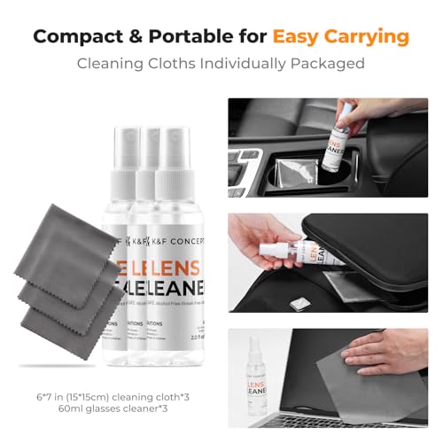 K&F CONCEPT Cleaner Spray Kit,with Microfiber Cloth X3,Glasses Cleaner X3 | 60ml Mild Cleaning Liquid,High Density Cloths,Individually Packaged,Washable & Reusable,For Eyeglasses,Screen,and Camera,MK01