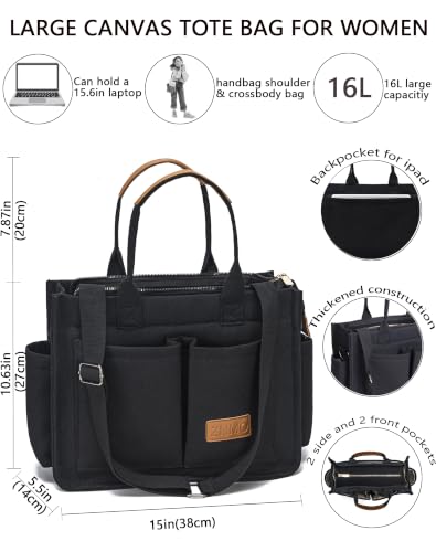 Canvas Tote Bag for Women,Women's Bags Crossbody Bags Work Laptop Tote Bag Large Handbags Purse for Travel Nurse Teacher - color: New Upgrade Black With Compartments and Inner Cup Holders