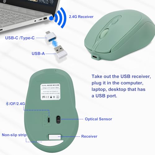 Bluetooth Mouse,Rechargeable Wireless for Laptop/iPad/MacBook Pro/Air, Silent Mouse Portable Slim for Surface Pro/PC/Lenovo/Samsung Tablet (Light Green) - color: Light Green