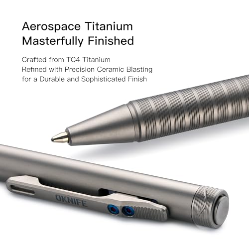 OKNIFE B1 Ti Titanium Pen with 2-in-1 Clip, 2 pcs Refills | Bolt Action EDC Pen with Built-in Spinning Top for Smooth Writing and Everyday Carry (Titanium) - color: titanium