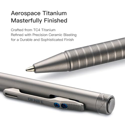 OKNIFE B1 Ti Titanium Pen with 2-in-1 Clip, 2 pcs Refills | Bolt Action EDC Pen with Built-in Spinning Top for Smooth Writing and Everyday Carry (Titanium) - color: titanium