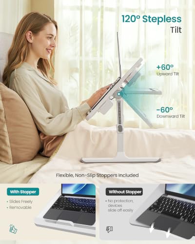 SONGMICS Bed Laptop Desk, Foldable Bed Desk for Laptop, 15.7 x 22 Inches Large Desktop, 120° Stepless Tilt, Adjustable Height, Cup Holder, Tray, Portable Sofa Table, White ULLD113WB01 - color: White