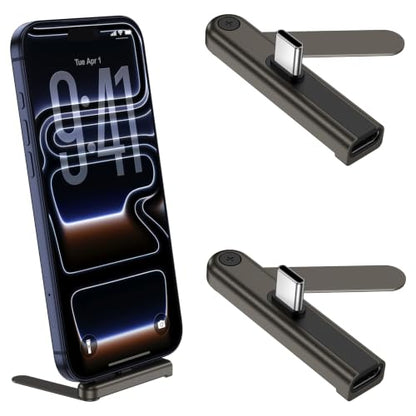 240W USB-C 90°Degree Invisible Phone Stand with USB C Adapter,2Pack 2 in 1 Type C Male to Female Adapter with Foldable Phone Desk Stand Holder for iPhone 17 Pro Max/16/15/Samsung/Pixel/Gaming