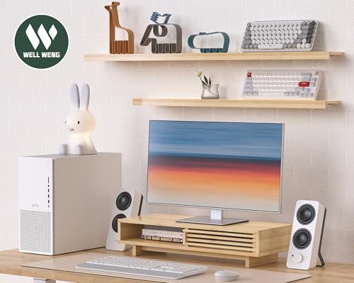 25" Monitor Stand with Sliding Doors Desk Shelf Bamboo | Computer Monitor Riser Shelf for 47-55 Inch Desk Aesthetic Workplace Computer Setup Desktop Organizer Easy Assembly