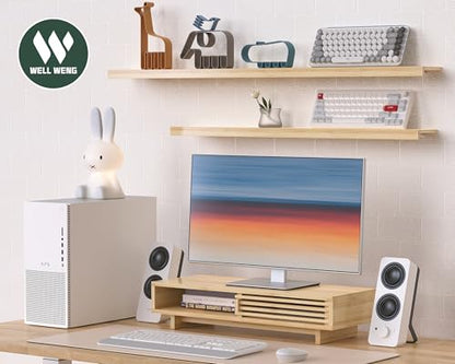 25" Monitor Stand with Sliding Doors Desk Shelf Bamboo | Computer Monitor Riser Shelf for 47-55 Inch Desk Aesthetic Workplace Computer Setup Desktop Organizer Easy Assembly