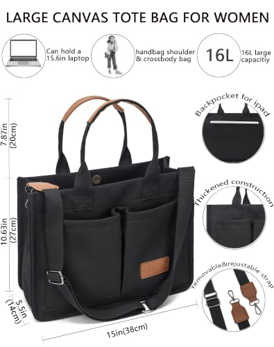 Canvas Tote Bag for Women,Women's Bags Crossbody Bags Work Laptop Tote Bag Large Handbags Purse for Travel Nurse Teacher - color: Canvs Demure Black With Compartments