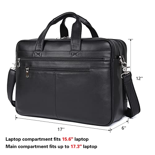 Polare Full Grain Napa Leather 17" Briefcase Work Bag Business Case For Men | Cowhide Leather, Business Travel Laptop Case, Padded Compartment Fits 15.6" Laptop, YKK Zippers - color: Black(updated Version)