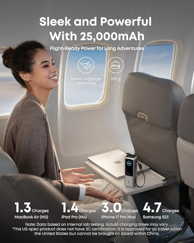 Anker Laptop Power Bank, 25,000mAh Travel Essential with 165W Total Output | 3 USB-C Ports with 100W Max Each, Built-In Retractable Cables, Flight-Ready, for iPhone 17 Series, MacBook, and More - color: Silver