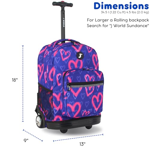 J World Sunrise Kids Rolling Backpack with Wheels for Girls Boys, Roller Bookbag for School, 18 x 13 x 9 Inches, Heart Spray - color: Heart Spray