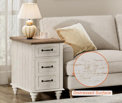 WAMPAT Antique White End Table with Charging Station, Wooden Side Table with Drawer & Storage Cabinet, Farmhouse Nightstand with Power Outlets & USB Ports for Living Room, Bedroom - color: Antique White