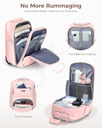 Ponhog Rolling Backpack for Women, 15.6 Inch Travel Laptop Wheeled Backpack, 30L Roller Carry On Backpack for Adults Business College Work Overnight, Stylish Personal Item, Pink