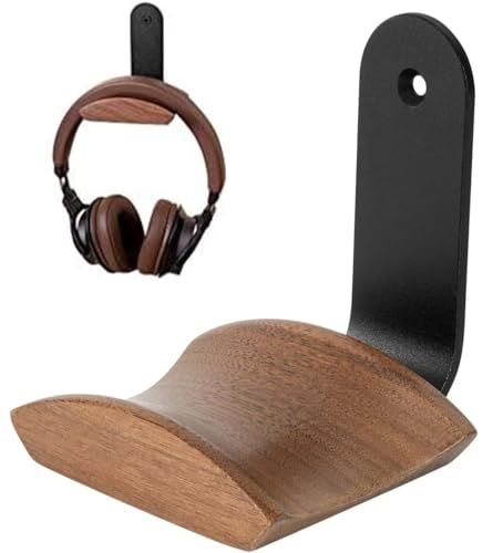 Walnut Wood Headset Holder with Adhesive or Screw Headset Wall Mount Holder | Headphone Holder with 6cm Wide Walnut Headrest,Curved Headphone Hanger with Black Metal Bracket for Over Ear and Gaming