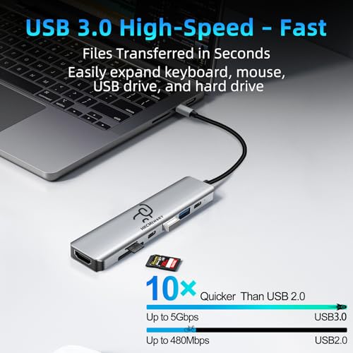 USB C Hub 7-in-1 Multi-Port Adapter, 4K HDMI Dongle, 100W PD, USB 3.0/2.0 Ports, SD/TF Card Reader, USB-C Docking Station for MacBook Mac Pro/Air, Dell XPS, HP, Lenovo Thinkpad