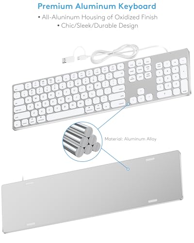 9H Aluminum USB Wired Keyboard with Numeric Keypad for Mac & PC | Compatible with Mac Pro, Mini, iMac, MacBook Pro/Air, Laptops and PC Computers - color: Silver