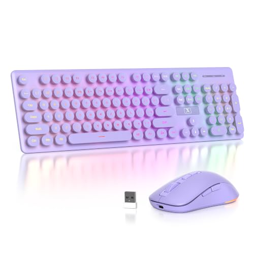 Backlit Wireless Keyboard and Mouse, 2.4GHz Light Up Typewriter Rechargeable Cordless Quiet Keyboard with USB Receiver for PC/Laptop (Purple) - color: Purple