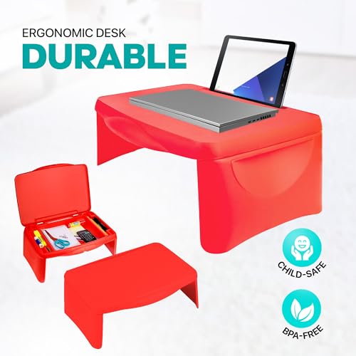 MAVOCRAFT Foldable Kids Lap Tray with Storage - Portable Lap Desk Kids & Adults - Kids Lap Desk for Breakfast in Bed, Serving Tray, Car Desk & Gaming (Red) - color: Red