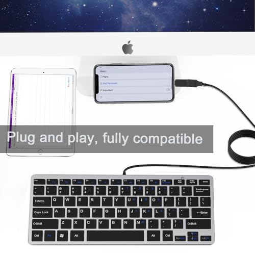 Ultra-Slim 78keys USB Mini Wired Keyboard with Media Hotkeys for Apple Mac Pro, MacBook 56Pro/ iMac, Air, Mac mini, Laptop Computers, Windows PC 11/10/8/7, with USB-A to C OTG Adapter, Silver Black - color: Silver Black, size: USB-A