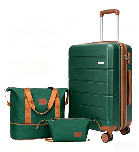 3-Piece Luggage Set with 20” Carry On, PC+ABS Hardside Suitcase with Spinner Wheels & TSA Lock, Easy-Control Rolling Suitcase for Business Trips & Weekend Getaways (Green) - color: Dark Green, size: 3 Piece Set (20/DB/TB)
