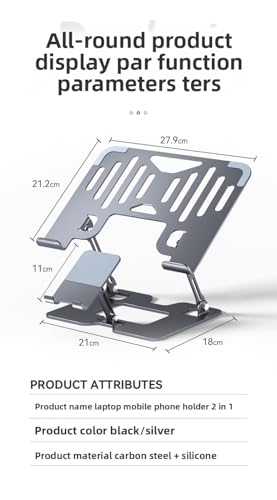 Laptop Cooling Stand (with 2 Silent Cooling Fans), Adjustable Height (with Detachable Phone Holder), Ergonomic Foldable Stand, Aluminum Alloy Cooling Base, Compatible with 10-17 inch laptops