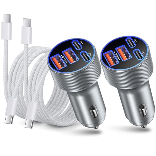 90W Car Charger USB C, [2Pack] Besgoods Dual 45W USB C iPhone 17 Pro Max Fast Charging Cigarette Lighter Adapter with 6ft Type C Cable for iPhone 16 15 Galaxy S26 S25 Ultra S24 S23 - color: grey charger + white cable, size: 2-Pack