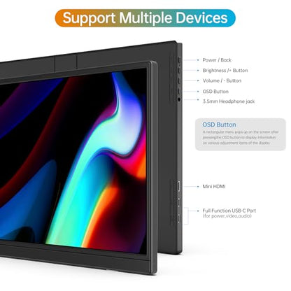 Portable Monitor 16.0inch FHD 1920 * 1200P USB C HDMI Ultra-Slim IPS Travel Display & Speakers, HDR Plug&Play, External Monitor for Laptop PC, Phone, Mac