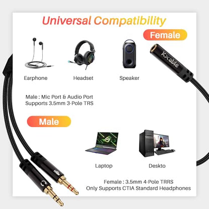 Kxable Headphone Splitter for Computer, 3.5mm Female to Dual 3.5mm Male Audio Splitter Cable, Stereo Jack Earphones Headset to PC Laptop Adapter, 1/8inch 2-in-1 Y Separator Aux Dongle Converters, 1FT - size: 1FT