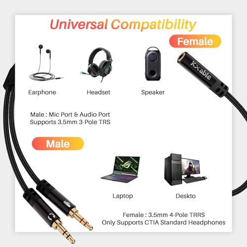 Kxable Headphone Splitter for Computer, 3.5mm Female to Dual 3.5mm Male Audio Splitter Cable, Stereo Jack Earphones Headset to PC Laptop Adapter, 1/8inch 2-in-1 Y Separator Aux Dongle Converters, 2FT - size: 2FT