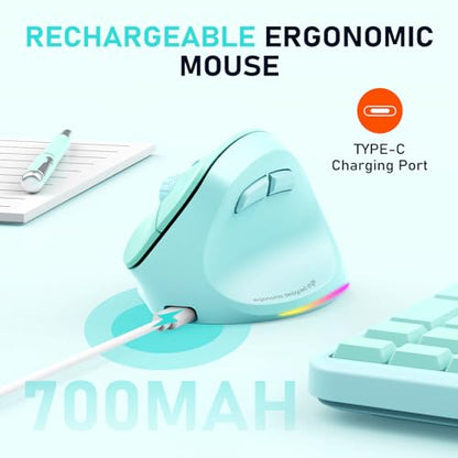 MEETION Ergonomic Wireless Vertical Mouse, Rechargeable, Green | Bluetooth 5.2 + 3.0 and USB connectivity, RGB backlight, 4 DPI adjustment, compatible with Windows, Mac, Android, PC and iPad - color: Right Green