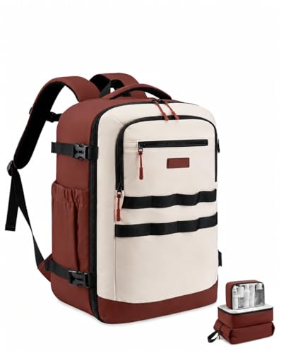 LOVEVOOK 40L Travel Backpack for Women & Men, TSA Approved Carry On Backpack with 3 Packing Cubes, Waterproof Personal Item Bag Fits 17 Inch Laptop, Weekender Essentials Overnight Backpack for Trip - color: Brown & White, size: 40L-4PCS