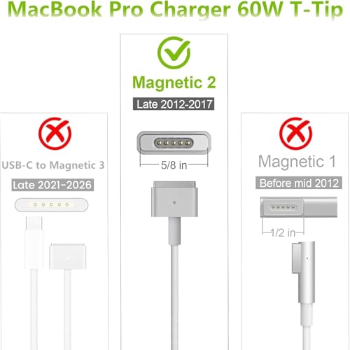 Mac Book Pro Charger 60W Mag 2 T-Tip for 11/13'' Late 2012-2017 A1425 A1502 | Mag-netic 2 Charger Power Adapter Compatible with Old Mac Book Air/Pro A1465 A1466 Not for 2018-2026 Models.