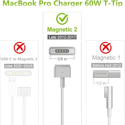 Mac Book Pro Charger 60W Mag 2 T-Tip for 11/13'' Late 2012-2017 A1425 A1502 | Mag-netic 2 Charger Power Adapter Compatible with Old Mac Book Air/Pro A1465 A1466 Not for 2018-2026 Models.