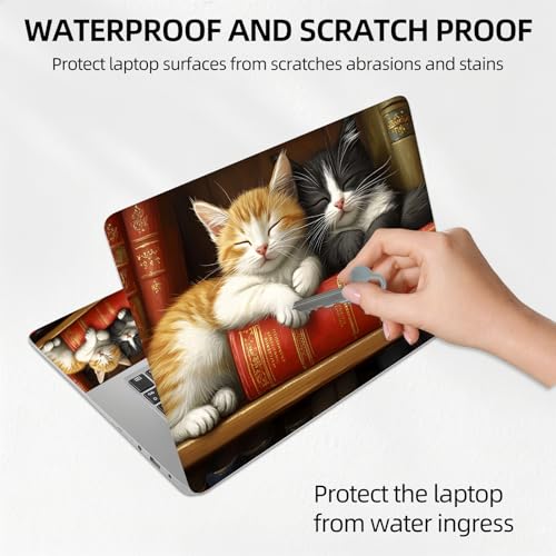 Library Cats Nap Universal Laptop Skin Sticker 3PCS, Protective Decal Trim-to-Fit 11.6" 13.3" 14" 15.6" Laptop Vinyl Cover, Removable Anti-Scratch Computer Decal Protector - color: Library Cats Nap