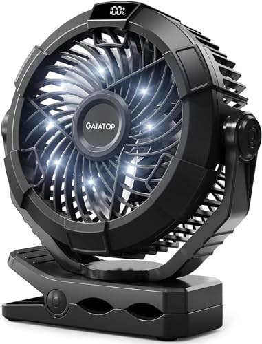 Gaiatop Portable Camping Fan with LED Lantern, 360°Rotation and Clip on for Desk, USB Rechargeable Battery Powered, Digital Display and Hanging Hook for Tent Outdoor Travel Bedroom Black - color: Black