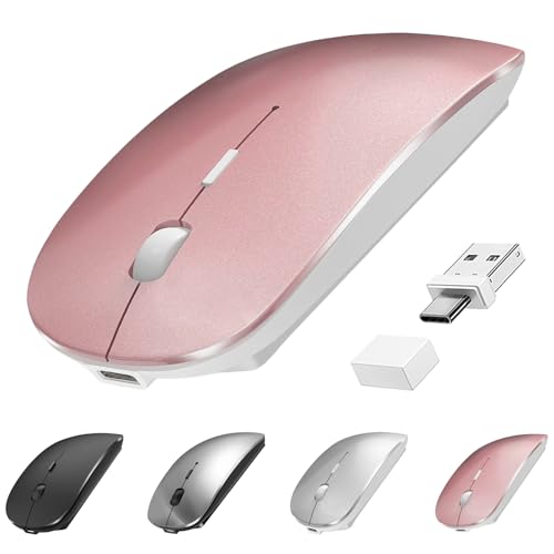 Bluetooth Wireless Mouse USB C for MacBook Air Pro iMac Laptop Desktop Computer, Wireless Rechargeable Silent C Mouse for Mac Desktop/iPad/Surface Pro (BT5.2/3.0, 2.4G USB A, Type-C Receiver) - color: Rose Gold