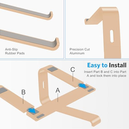 OMOTON Laptop Stand, Detachable Laptop Mount, Aluminum Laptop Holder Stand for Desk, Compatible with MacBook Air/Pro, Dell, HP, Lenovo and All Laptops (11-16 inch), Gold | 11-17" Laptop Holder for Desk, Notebook Computer Mount, Lightweight Cooling for Des