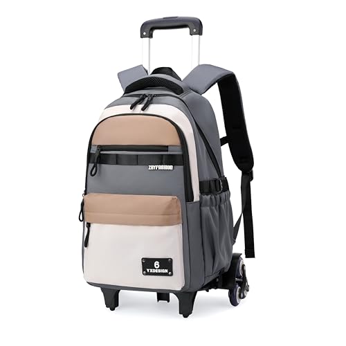 ZHANAO Rolling Backpack for Boys Color-blocking Schoolbag for Middle School Students Trolley Bookbags for Elementary Boys - color: Grey+brown-6 Wheels
