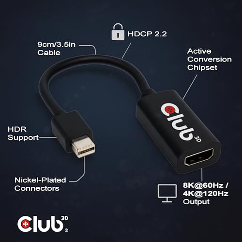Club 3D Mini DisplayPort to HDMI Adapter 8K@60Hz 4K@120Hz - Active mDP 1.4 to HDMI Converter for Gaming PC, Aorus Series - HDR, HDCP 2.3 CAC-1188