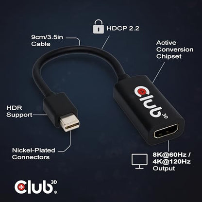 Club 3D Mini DisplayPort to HDMI Adapter 8K@60Hz 4K@120Hz - Active mDP 1.4 to HDMI Converter for Gaming PC, Aorus Series - HDR, HDCP 2.3 CAC-1188