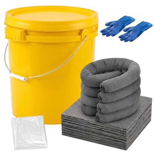 DoubleFill 41 Pcs Universal Spill Kit Portable Complete 9-Gallon Spill Kit, Absorbs Oils Water and More, Yellow Bucket, 30 Absorbent Pads, 4 Pcs 3" x 4' Sorbent Socks, 5 Disposal Bags, PVC Gloves - size: 9 Gallon