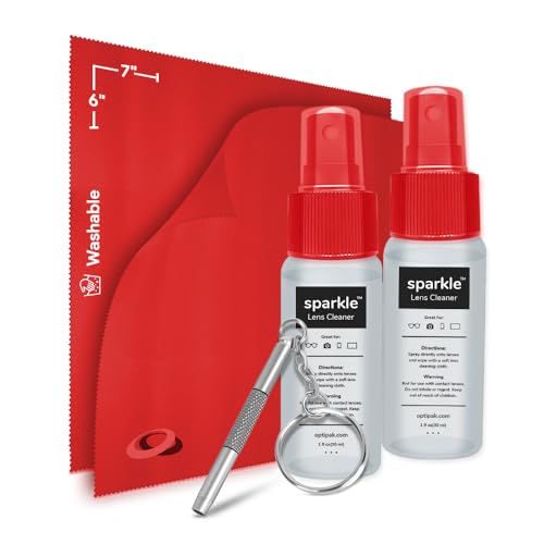 Sparkle Anti-Reflective Safe Lens Cleaner & Repair Kit – (2) 1oz Glasses Cleaner Spray, (2) Microfiber Cloth & Keychain Screwdriver for Eyeglasses, Sunglasses, Lenses & Screens (5 Piece Set) - size: 1 Fl Oz (Pack of 2), style: Red – 2x1oz Lens Spray + 2 M
