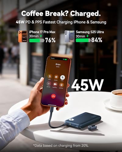 INIU 45W Fast Charging Portable Charger, Smaller 10000mAh Travel Power Bank | Flight-Safe, Detachable USB C Cable, Travel Essential, External Battery Phone Pack for iPhone 17 Samsung S26 iPad etc, Blue - color: Blue