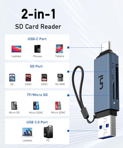 SD Card Reader, uni High-Speed USB C to Micro SD Card Adapter USB 3.0 Blue | Dual Slots, Memory Card Reader for SD/Micro SD/SDHC/SDXC/MMC, Compatible with MacBook Pro/Air, Chromebook, Android Galaxy - color: Midnight Blue