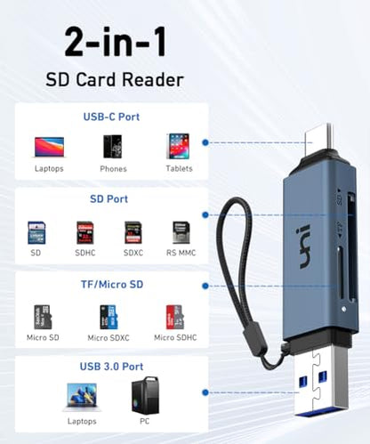 SD Card Reader, uni High-Speed USB C to Micro SD Card Adapter USB 3.0 Blue | Dual Slots, Memory Card Reader for SD/Micro SD/SDHC/SDXC/MMC, Compatible with MacBook Pro/Air, Chromebook, Android Galaxy - color: Midnight Blue