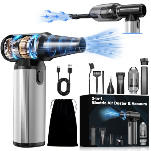 Compressed Air Duster & Vacuum, 320000RPM Rechargeable Electric Blower | Ergonomic Aluminum Alloy Grip, Brushless Motor, 3-Gear Adjustable Dust Blower for Keyboard, PC, Car, Home, outdoor Cleaning