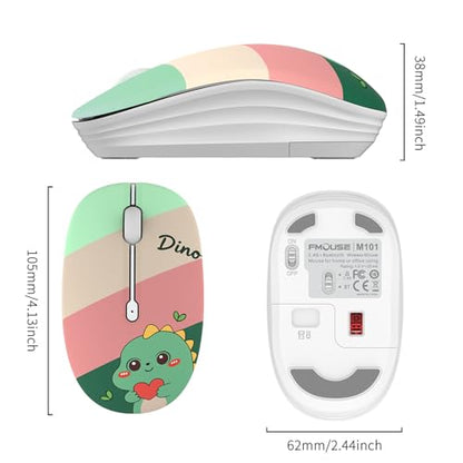 FMOUSE Cute Wireless Mouse, Bluetooth & 2.4GHz Dual Mode with USB Receiver, Silent Click, AA Battery Powered, for Kids Students Teen Girls, Compatible with Laptop Mac iPad PC (Cute Dino) - color: Cute Dino