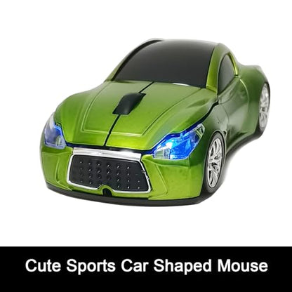 Car Mouse for Computer, Wireless Car Shaped Mice for Laptop, PC, Mini Cute Mouse with 2.4Ghz USB Receiver, 3D, 1600DPI, Silent Clicks, LED Headlights (Green) - color: Y-Green