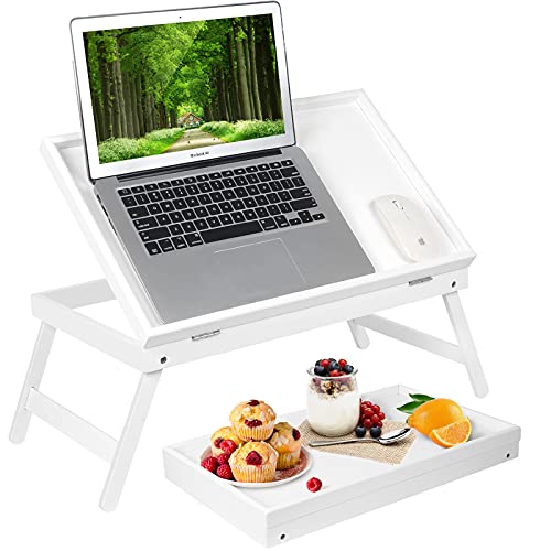 Artmeer FSC-Certified Bamboo Bed Tray Table, Tilting Top, Large, White | Large FSC-certified bamboo bed tray with tilting top, adjustable height and folding legs for meals and laptop work in bed. - color: White, size: Large