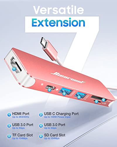 Hiearcool USB C Hub, 7-in-1 USB C Dongle for MacBook, HDMI, PD, Rose Gold - color: Pink