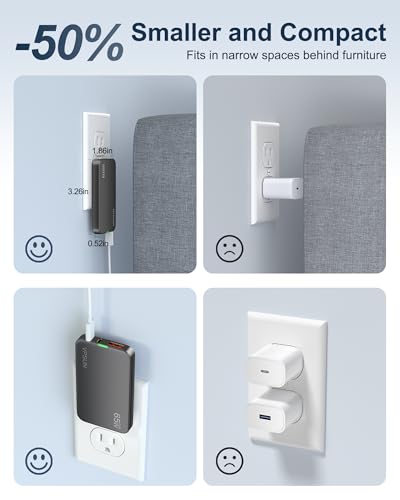 65W GaN USB C Wall Charger Block,3 Port Ultra Thin Flat USB-C Charging Plug,Foldable USB Power Adapter for MacBook,iPhone 15/16,Samsung (Gray) - color: Gray