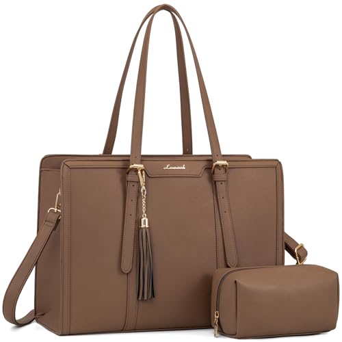 LOVEVOOK Laptop Tote for Women - 15.6 inch Lightweight PU Laptop Bag, Large Capacity Computer Bag with Clutch Purse for Business, Work, Office, Travel, Khaki - color: Khaki, size: 15.6 Inch